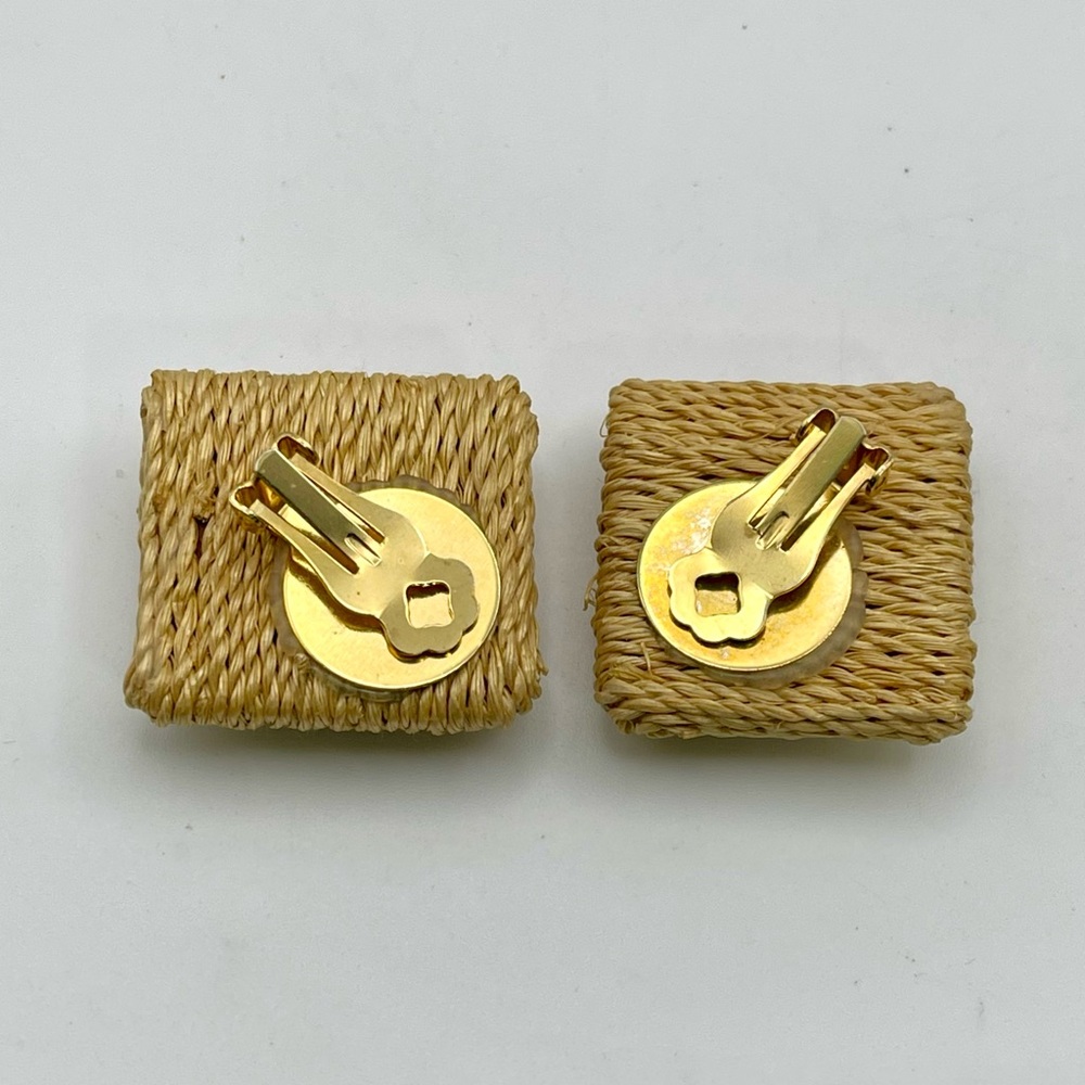 Rustic Jute Square Clip Earrings Statement Boho Vibe Neutral - Picture 14 of 16